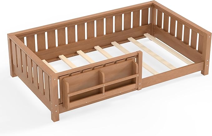 Bellemave Twin Size Kids Montessori Bed with Bookshelf,Solid Wood Twin Floor Bed Frame with Fence and Slats for Girls Boys,Low-Profile,Dark Natural