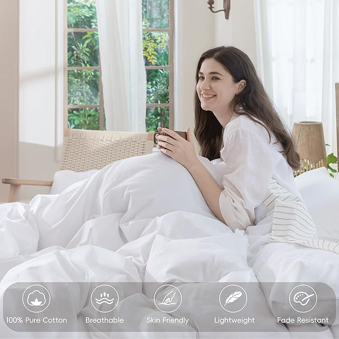 MooMee Bedding Duvet Cover Set 100% Washed Cotton Linen Like Textured Breathable Durable Soft Comfy (Solid Bright White, King 104"x90")