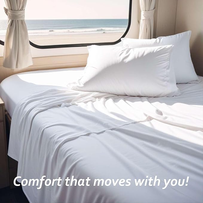 Full RV Camper Sheet Set (54x75) – 100% Egyptian Cotton, Soft & Cooling, 16” Deep Pocket Fitted Sheet, Luxury Hotel Quality Bedding for RVs, Campers & Motorhomes (White Solid)