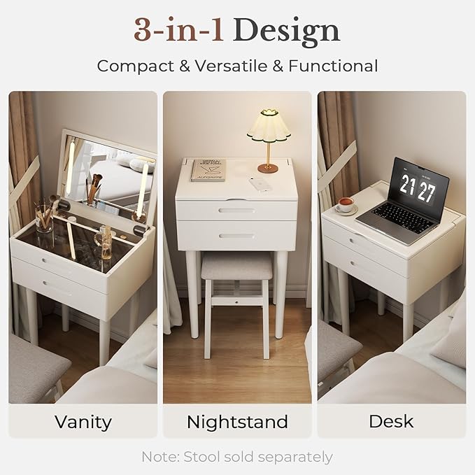 Muwuele Solid Wood Small Vanity Desk with Mirror and Lights, Narrow Makeup Vanity for Small Space, Flip Top Vanity Side Table, 3 Color Modes & Adjustable Brightness, 19.6" Slim Dressing Table, White