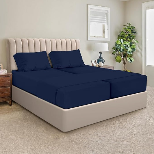 SGI Split King Sheet Set for Adjustable Bed Egyptian Premium Cotton 600 Thread Count Sheets for Sleep Number Bed 15" Deep Pocket 5 Pc Set with 2 Twin XL Fitted Sheets Soft Breathable -Navy Blue