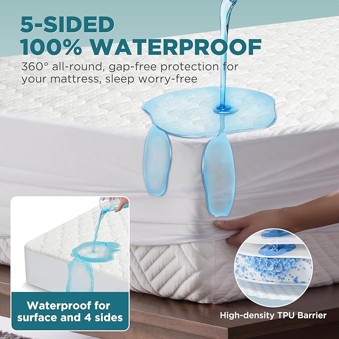 5 Sided Waterproof Mattress Protector, Queen Size Quilted Bamboo Rayon Mattress Cover, Breathable Cooling Noiseless Bed Fitted Sheets, Soft Bedding Pad with Deep Pocket Up to 18"