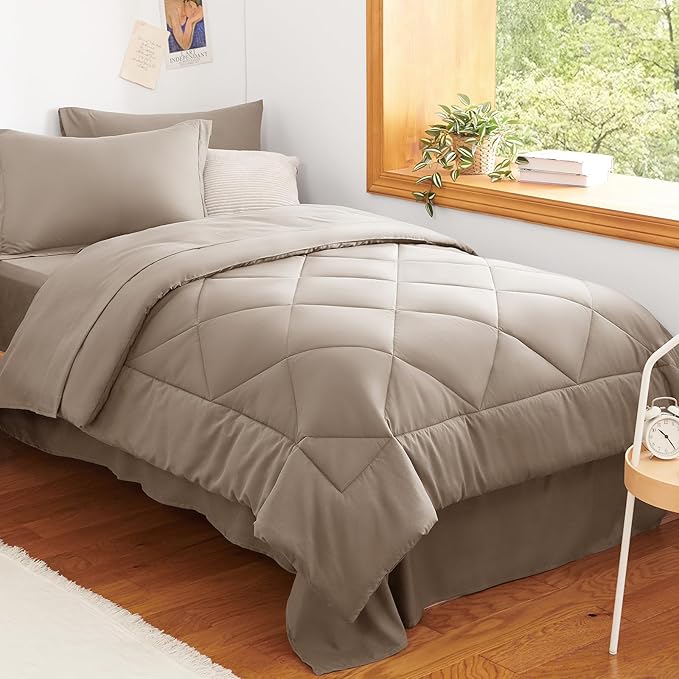 CozyLux Twin XL Comforter Set Khaki - 5 Pieces Twin Extra Long Bed in a Bag for College Dorm, All Season Bedding Set for Girls and Boys, Soft Bed Set with Comforter, Sheets, Pillowcase & Sham