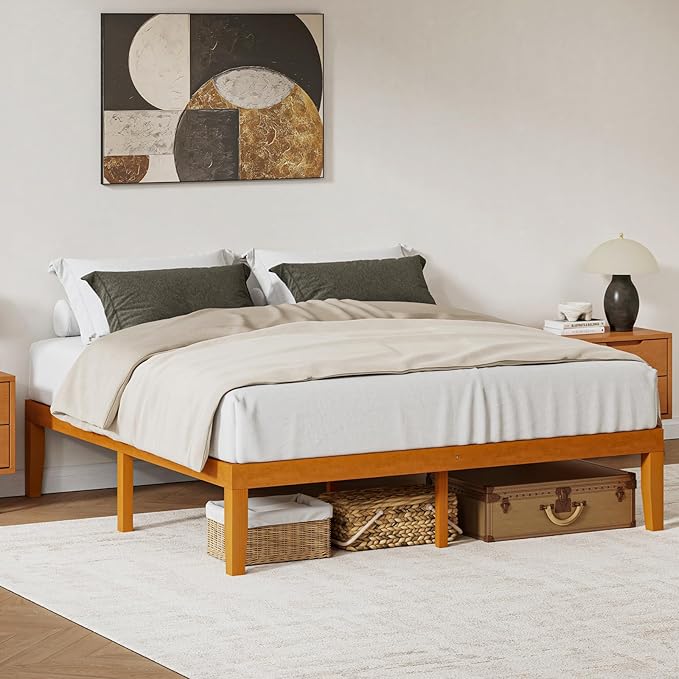 DUMOS King Solid Bed Frame Wood 16 Inches, Sturdy Platform Bed with Heavy Duty Wood Slat Support, No Box Spring Needed, Easy Assembly, Natural Pine