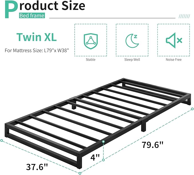Lutown-Teen 4 Inch Twin XL Bed Frames Heavy Duty Sturdy Metal Platform Bed Frame No Box Spring Needed, Noise Free, Easy Assembly, Black