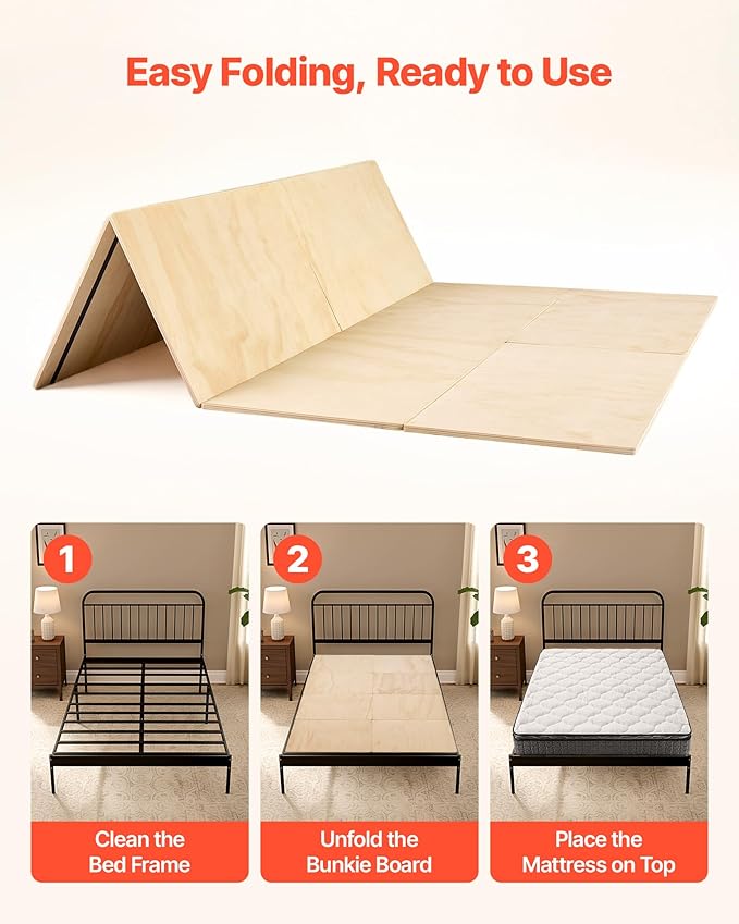 VEVOR Bunkie Board, Queen Size 76.8 x 58.3 in, Foldable Bed Board Under Mattress with Nylon Webbing, Plywood, Rounded Edges, Anti-Sag Design for Metal Frames, Sleeper Sofas, Platform and Bunk Beds