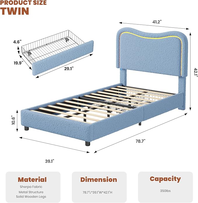 GarveeHome Upholstered LED Twin Bed Frames for Kids with 2 Drawers and Headboard, Cute Twin Bed with Storage for Girls, Boys, Sturdy Platform Bed, No Box Spring Needed, Wooden Slats, Noise Free, Blue