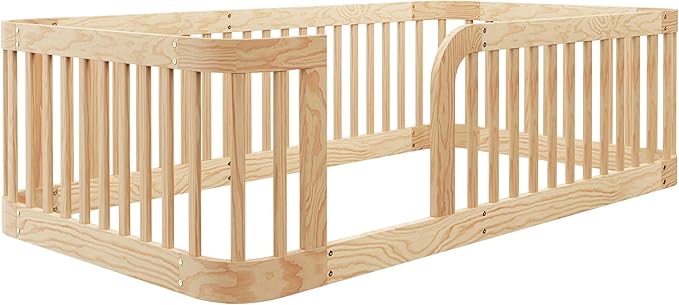 Bellemave Twin Floor Bed with High Fence and Rounded Corner Design, Twin Size Montessori Bed with Safety Guardrails, Easy Assemble Montessori Beds Frame for Girls, Boys, Natural