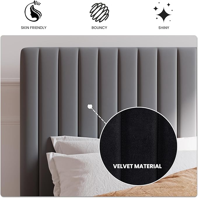 SHA CERLIN Full Upholstered Platform Bed Frame with Vertical Channel Tufted Velvet Fabric Adjustable Headboard, Wooden Slats Support, Mattress Foundation, Box Spring Optional, Grey