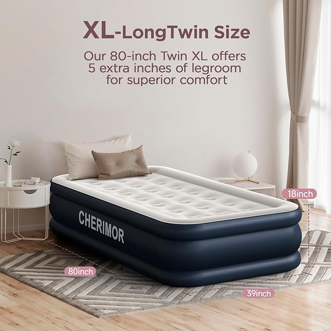 CHERIMOR Twin XL Air Mattress with Built in Pump, 18" Raised Comfort, 21-Coil Honeycomb Support & 550lb Capacity, Reinforced PVC, 2-Min Inflation Inflatable Mattress for Guest Room & Sleepover