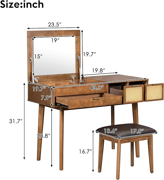 43.3" Makeup Vanity Desk with Flip Top Mirror and Stool, 2-in-1 Rattan Dressing Table Set with 3 Storage Compartments & Dividers, Mid-Century Modern Solid Wood Vanity for Bedroom, Brown