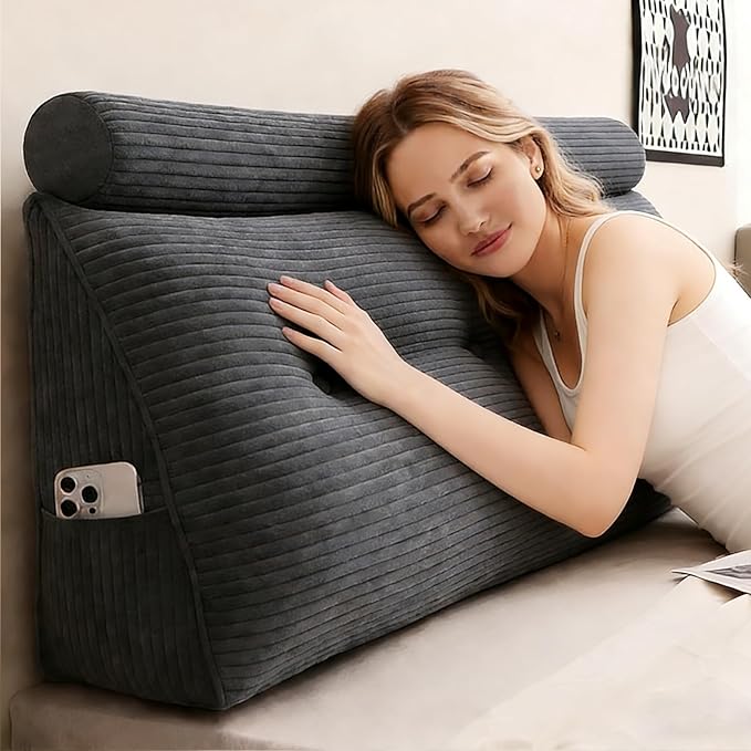 Headboard Pillow Queen, Large Triangular Wedge Cushion with Neck Roll Pillow for Reading Sitting Working, Backrest Positioning Support Bodypillow with Removable Washable Cover for Bed Dorm Sofa