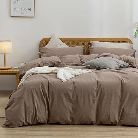 BESTOUCH Duvet Cover Set 100% Washed Cotton Linen Feel Super Soft Comfortable Chic Lightweight 3 PCs Home Bedding Set Solid Pine Bark Brown King
