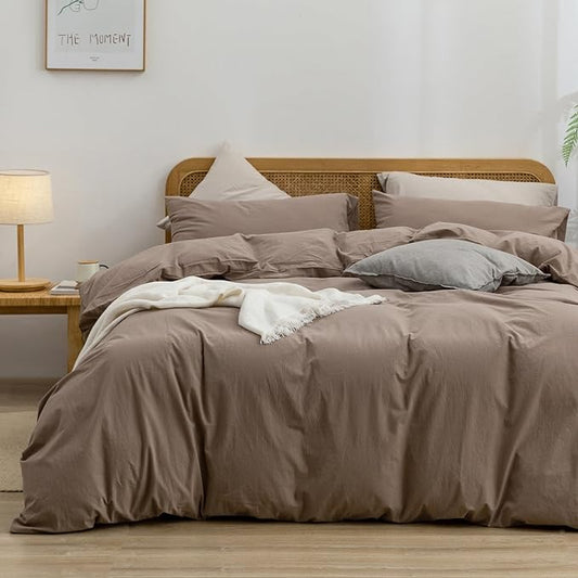BESTOUCH Duvet Cover Set 100% Washed Cotton Linen Feel Super Soft Comfortable Chic Lightweight 3 PCs Home Bedding Set Solid Pine Bark Brown Oversized King