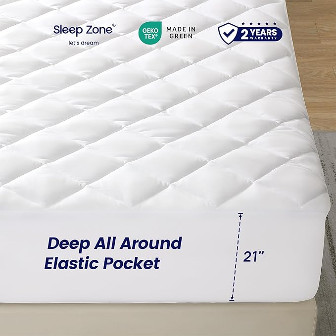 SLEEP ZONE Cozy Mattress Pad Cal King Size, Extra Deep Pocket, Non Slip and Washable Mattress Protector, Dust Proof (White, Cal King, 72x84)