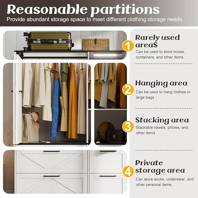PAKASEPT Armoire Wardrobe Closet with w/Folding Sliding Barn Door, Bedroom Armoires with Mirror and Sensor Lights, Hanging Rod, Wardrobe Closet for Bedroom (9 Doors)