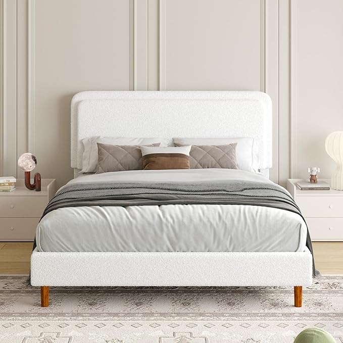 Full Size Boucle Platform Bed Frame with Adjustable Headboard, Upholstered Cloud Bed, Solid Wooden Legs, No Box Spring Needed, Easy Assembly, White