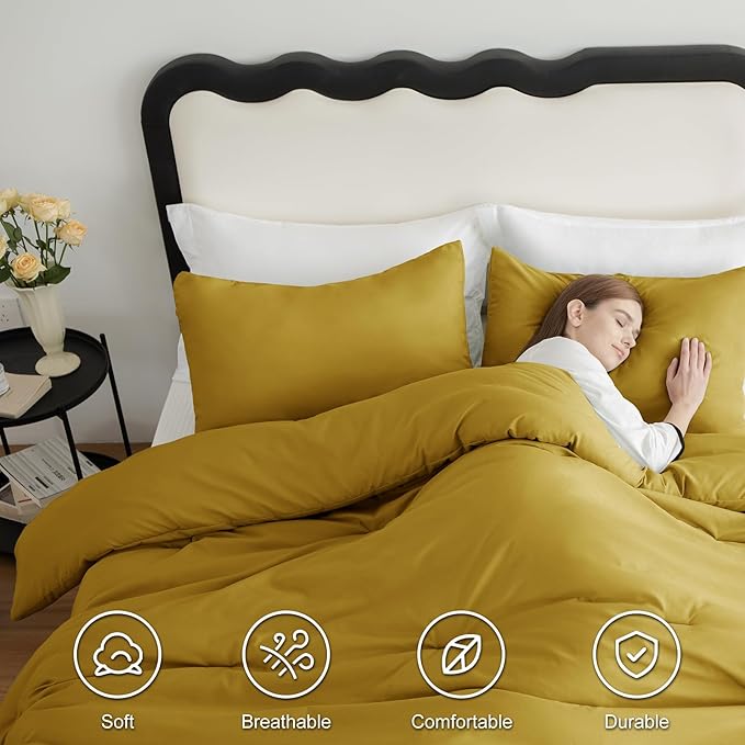 CozyLux Full Size Comforter Set Mustard Yellow, 3 Pieces Solid Breathable Quilted Bedding Sets, Luxury Lightweight Soft Bed Set with Down Alternative Comforter and 2 Pillowcases for All Seasons