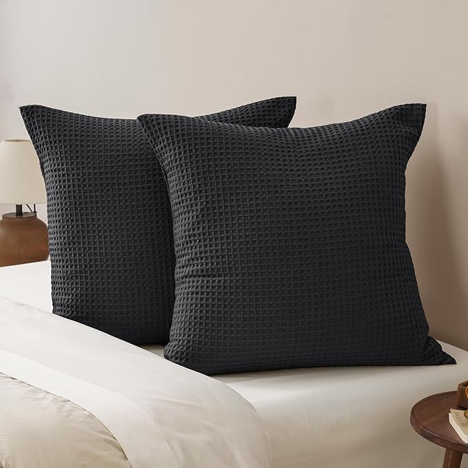 PHF Ultra Soft Waffle Weave Euro Shams Pillow Covers, No Filling, 2 Pack 26" x 26" Bed Cushion Covers, Breathable & Skin-Friendly Bed Pillow Shams for Stylish Home Decor, Black