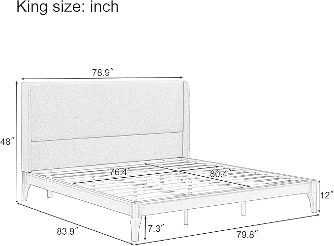 Merax Mid-Century Bamboo Platform Bed with 48" Upholstered High Headboard, King Size Bed Frame with Wood Slat Support, No Box Spring Needed, Easy Tool-Free Assembly, Beige+ Chocolate