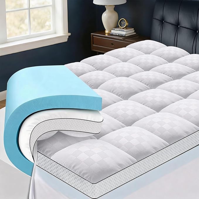 Full Size Dual Layer 4 Inch Memory Foam Mattress Topper, 2 Inch Gel Memory Foam and 2 Inch Pillow Top Mattress Pad Cover, Thick Soft Bed Topper Medium Support for Back Pain, White