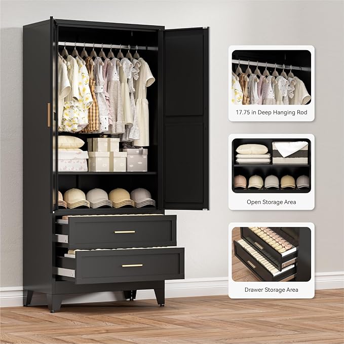 COFaR Armoire Wardrobe Closet with Drawers & Hanging Rod, 71'' Metal Wardrobe Closet with Doors & Adjustable Shelf, Farmhouse Wardrobe Cabinet for Bedroom Home Office Garage, Black