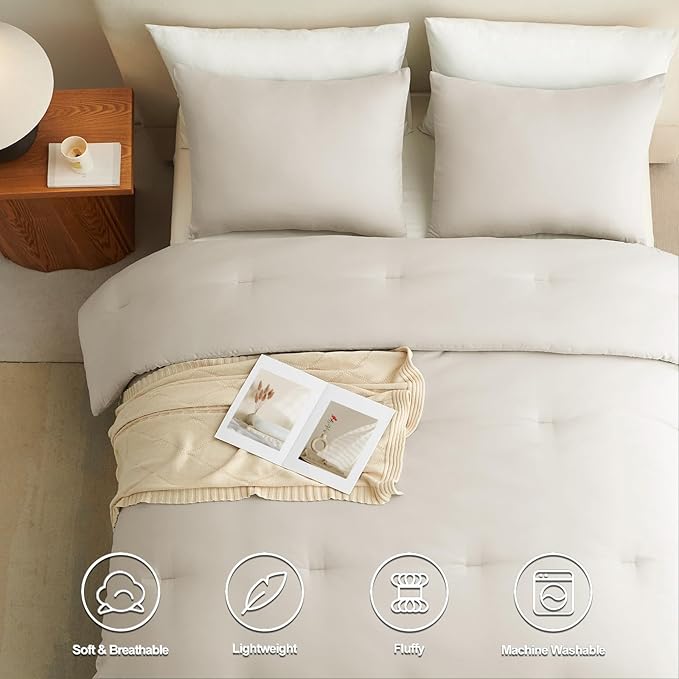 CozyLux Beige King Size Comforter Set, 3 Pieces Solid Breathable Quilted Style Bedding Sets, Luxury Fluffy Soft Bed Set with Down Alternative Comforter for All Season (1 Comforter & 2 Pillowcases)