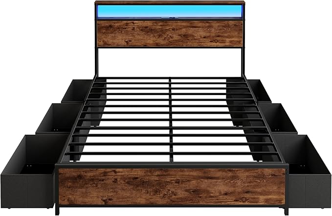 Forestell Queen Bed Frame with Headboard & 6 Drawers, Metal Platform Bed Frame Queen Size with Charging Station,LED Lights,2 Tier Shelf Storage Bedframe-No Box Spring Needed,Noise Free,Rustic Brown