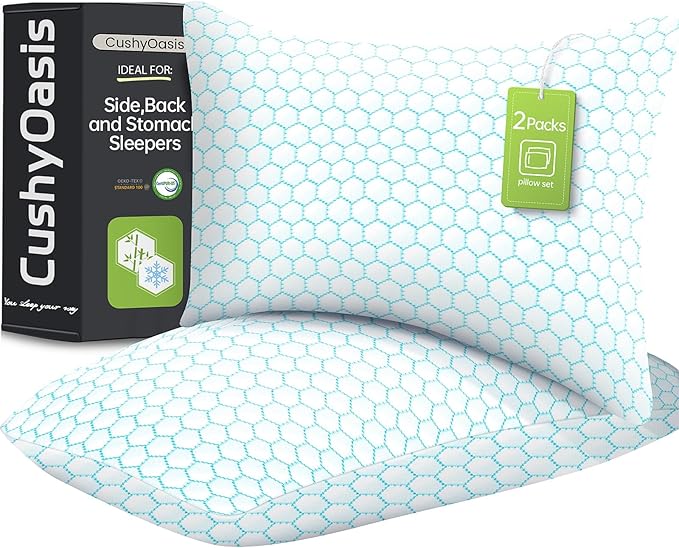 CushyOasis Shredded Memory Foam Pillow for Sleeping, Cooling Bed Pillows Set of 2, Adjustable Pillows for Side, Back, Stomach Sleepers with Washable Pillowcase (Standard Size, Blue)