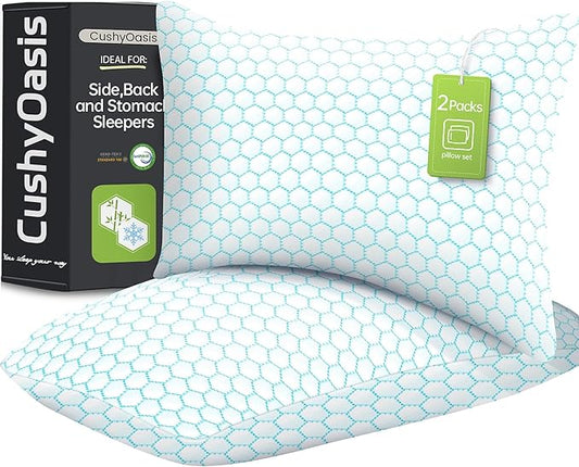 CushyOasis Shredded Memory Foam Pillow for Sleeping, Cooling Bed Pillows Set of 2, Adjustable Pillows for Side, Back, Stomach Sleepers with Washable Pillowcase (Standard Size, Blue)