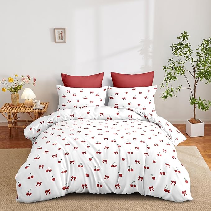 Nayoroom Red Cherry Duvet Cover Queen Size Cute Bow Duvet Cover 3 Pieces Soft Lightweight Microfiber Girls Aesthetic Dorm Bedding Set with Zipper Closure