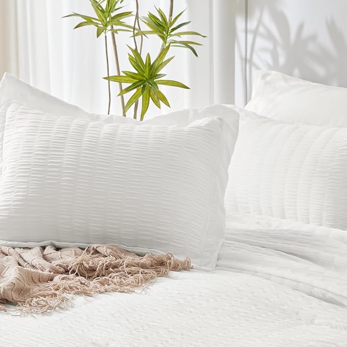 CozyLux Twin Comforter Set with Sheets 5 Pieces, White Seersucker Textured Bed in a Bag for Girls, Luxury Soft Bedding Sets with Down Alternative Comforter, Sheets, Pillowcase & Sham for All Seasons