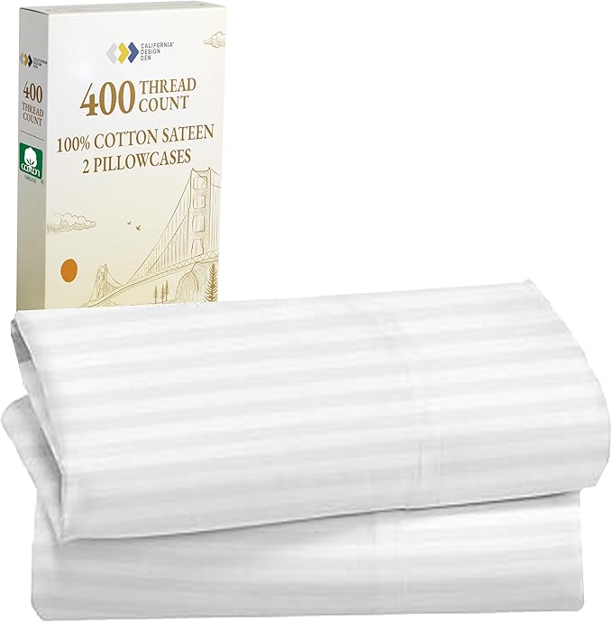 California Design Den Standard Queen Size Pillowcase Set - 400 Thread Count, 100% Cotton Sateen, Set of 2 Pillow Covers, Soft and Breathable - Striped Bright White
