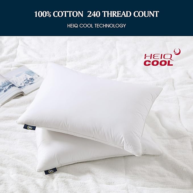 Serta 240Thread Count Soft Hypoallergenic HeiQ Cooling Bed Pillows Set of 2 Pack Feather Down Pillows for Back Sleeper