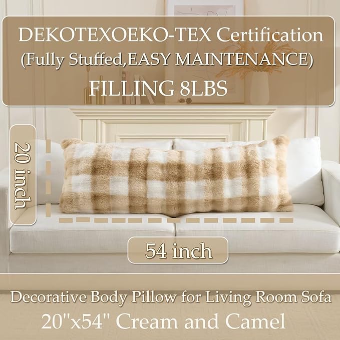 Luxury Shaggy Faux Fur Body Pillow,Fluffy Bed Pillow with Zipper Closure,Soft Decorative Plush Full Long Pillows,Fuzzy Hug Pillow for Living Room Side Sleeper & Pregnancy 20"x54" Cream and Camel