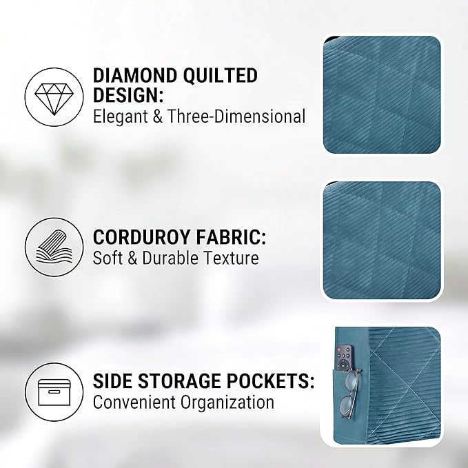 Corduroy Headboard Cover—Stretch-Quilted, Padded Dust-Proof Protective Cover (Fits Twin/Twin XL Beds), Machine-Washable Decorative Headboard Cover (Blue, 47x27.5 inches)