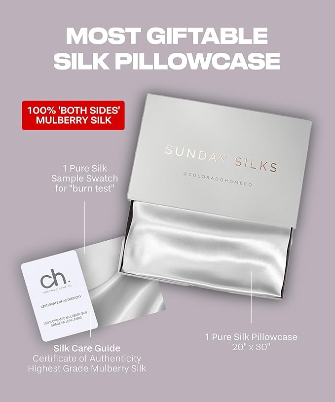 SUNDAYSILKS™ Silk Pillow Cases 2 Pack | 22 Momme Mulberry Silk Pillowcase Set of 2 | Standard Queen, King Size | All Sides 100% Pure Silk Slip Pillowcase Bliss for Women, Men with Zipper [Pure White]