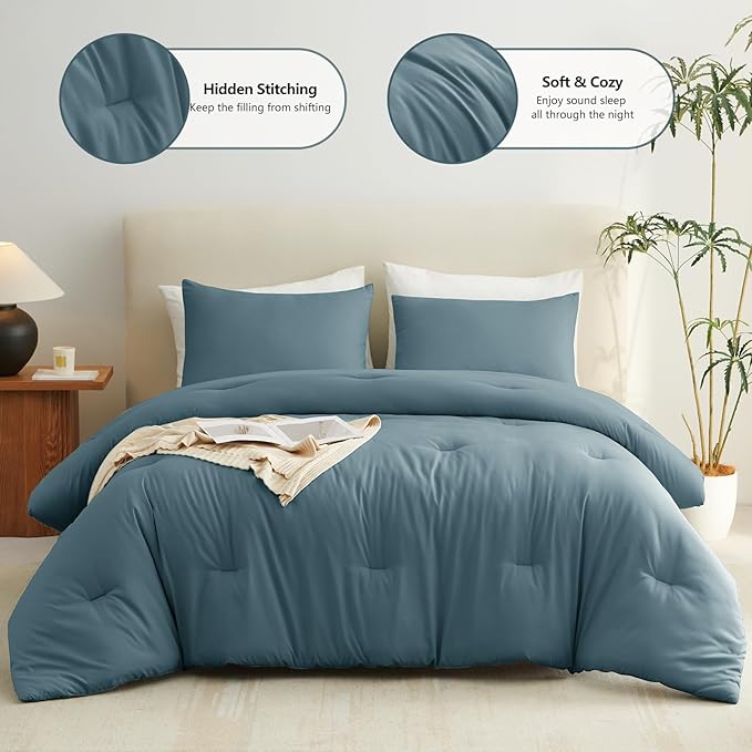 CozyLux King Size Comforter Set Mineral Blue, 3 Pieces Solid Comforters King Size Breathable Quilted Bedding Sets, Luxury Soft Lightweight Bed Set with Down Alternative Comforter and 2 Pillowcases