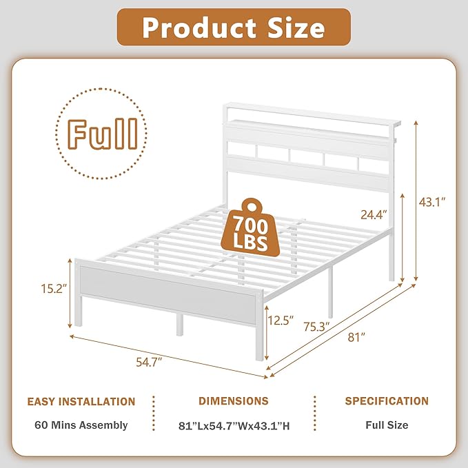 Furnulem Full Size Bed Frame with LED Light and Charging Station, Wood Storage Headboard with 2-Tier Shelves, Metal Platform Bed with Heavy Duty Slats Support, No Box Spring Needed, White