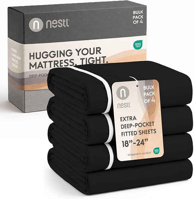 Nestl 4 Pack Black Fitted Sheet Extra Deep Pocket, Hotel Luxury Cal King Fitted Sheet Only Easily Fits 18 to 24 Inch Mattress, Super Soft, Wrinkle-Free and Breathable with Corner Straps