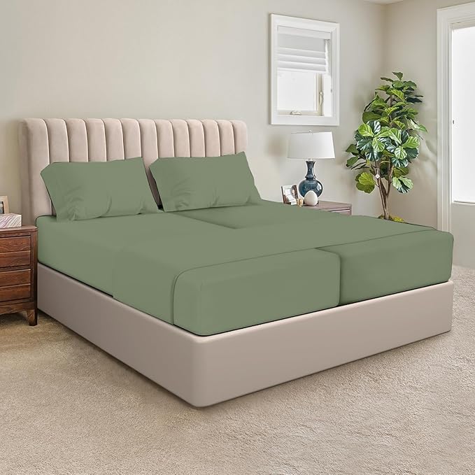 SGI Split King Sheet Set for Adjustable Bed Egyptian Premium Cotton 600 Thread Count Sheets for Sleep Number Bed 15" Deep Pocket 5 Pc Set with 2 Twin XL Fitted Sheets Soft Breathable -Moss