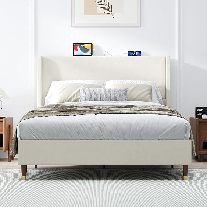 MALOL Queen Size Bed Frame with Upholstered Headboard, Linen Fabric Platform Bed Frame with USB Charging Ports, No Box Spring Needed, Sturdy Metal Support, Noise Free, Modern Bedroom Furniture,Beige
