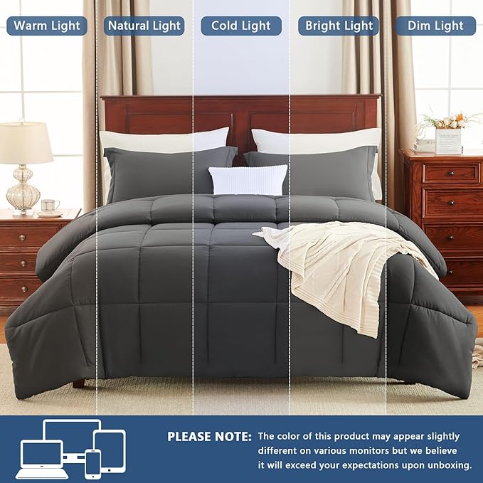 CozyLux Queen Comforter Set - 270GSM Dark Grey Bedding Sets for All Seasons, 3 Pieces Box Stitched Bed Set with 1 Down Alternative Comforter and 2 Pillow Shams, Soft, Lightweight, Breathable