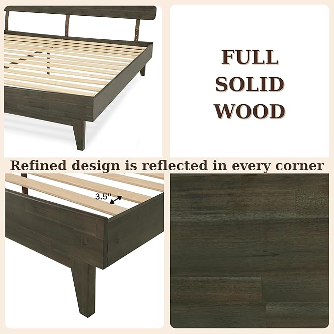 Bme Caden King Size Bed Frame and Adjustable Headboard, 15 Inch Mid Century Retro Style - Solid Acacia Wood - No Box Spring Needed - 12 Strong Wood Slat Support - Easy Assembly - Charcoal Mocha
