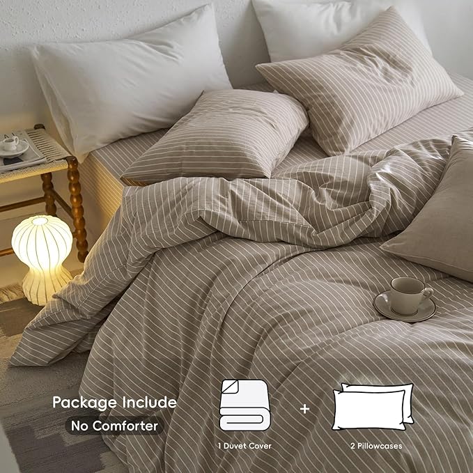MooMee Striped Duvet Cover Set 100% Washed Cotton Linen Like Textured Breathable Durable Soft Comfy (Tannish Linen Grey White Wide Stripes, Palatial King/Oversized King 120"x98")
