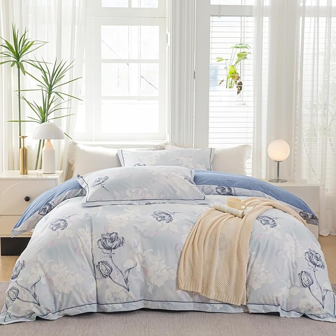 OAITE Duvet Cover Set King Size Floral Pattern 500 Thread Count Ultra Soft 100% Cotton Duvet Cover Sets 3-PC, Breathable Duvet Cover with Zipper Closure & Corner Ties
