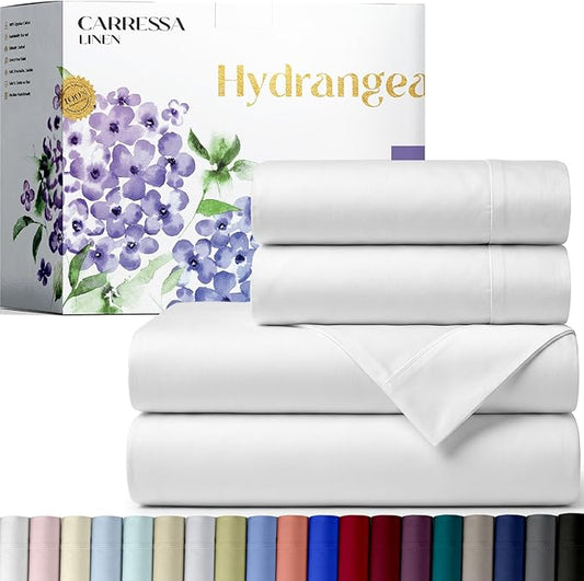 Carressa Linen 100% Egyptian Cotton Queen Sheet Set - 600 Series Hydrangeas Collection Egyptian Cotton Queen Sheets Set (4 PC, Crisp White), 16" Deep Pocket Sateen Weave Luxury Hotel Bed Sheet