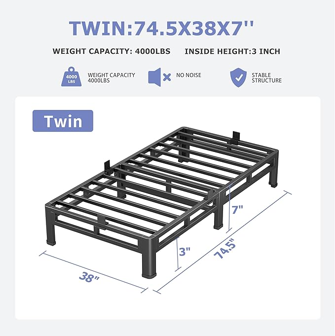NKZ 7 Inch Twin Size Bed Frame, Metal Bed Frame & Box Spring 2 in 1 Platform with Round Corner Legs, 4000Lbs Heavy Duty Low-Profile Frame, Mattress Slide Stopper, Noise-Free, Easy Assembly