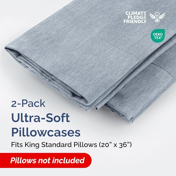 King Standard Pillow Cases Set of 2 - Ultra-Soft Hotel Quality Pillowcase Covers - Comfy, Cozy & Fade Free - Wrinkle Resistant - Machine Washable Pillow Protectors - 2 Piece Set - Heathered Blue