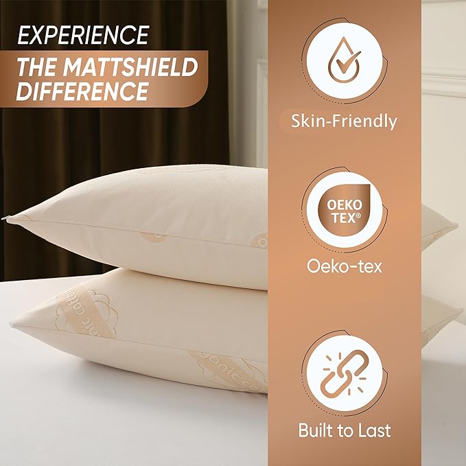 2-Pack Deluxe Waterproof Organic Cotton Pillow Protectors King Size - Certified Organic, Zippered Encasement, Soft Knit Fabric, Thick 280 GSM Cotton